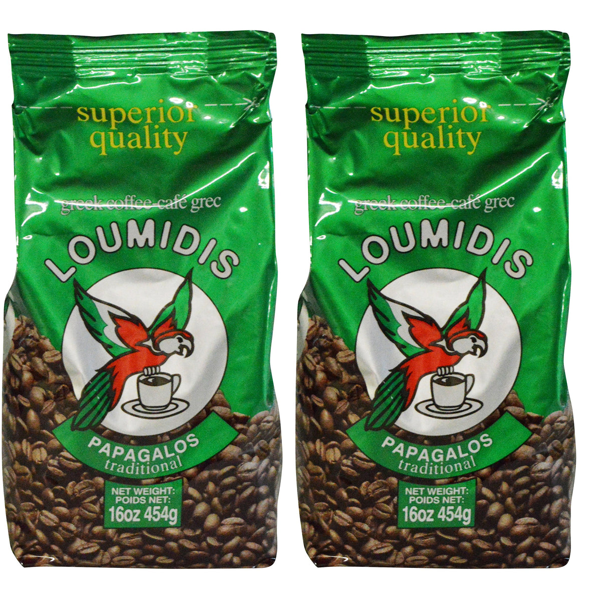 Loumidis Papagalos traditional Greek ground coffee 2-pack for authentic home brewing.