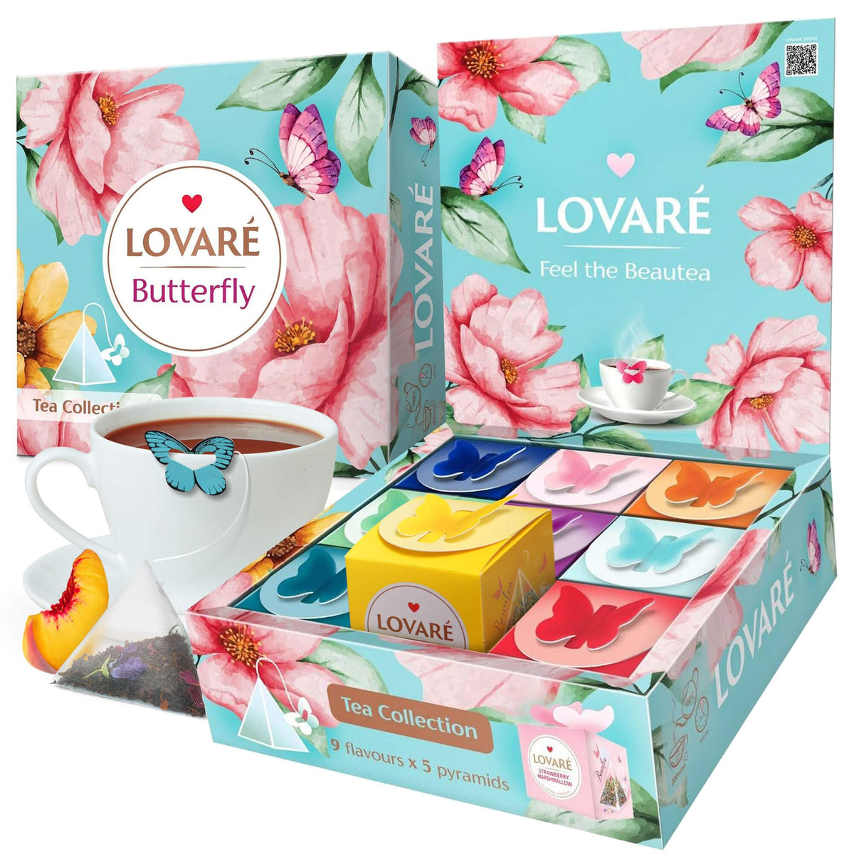 LOVARE assorted tea pyramid bags in a colorful gift box for gifting.