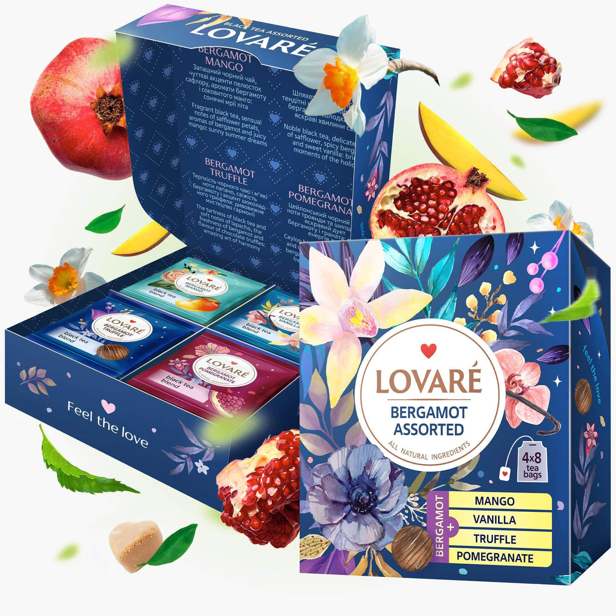 LOVARE Bergamot assorted tea pack front view showing four flavors for variety