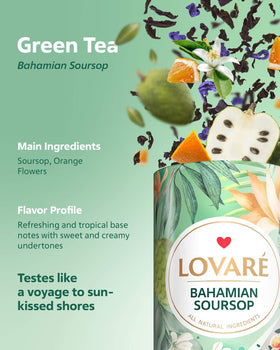 LOVARE Sparkling Splashes tea with strawberries, botanical accents, uplifting aroma.