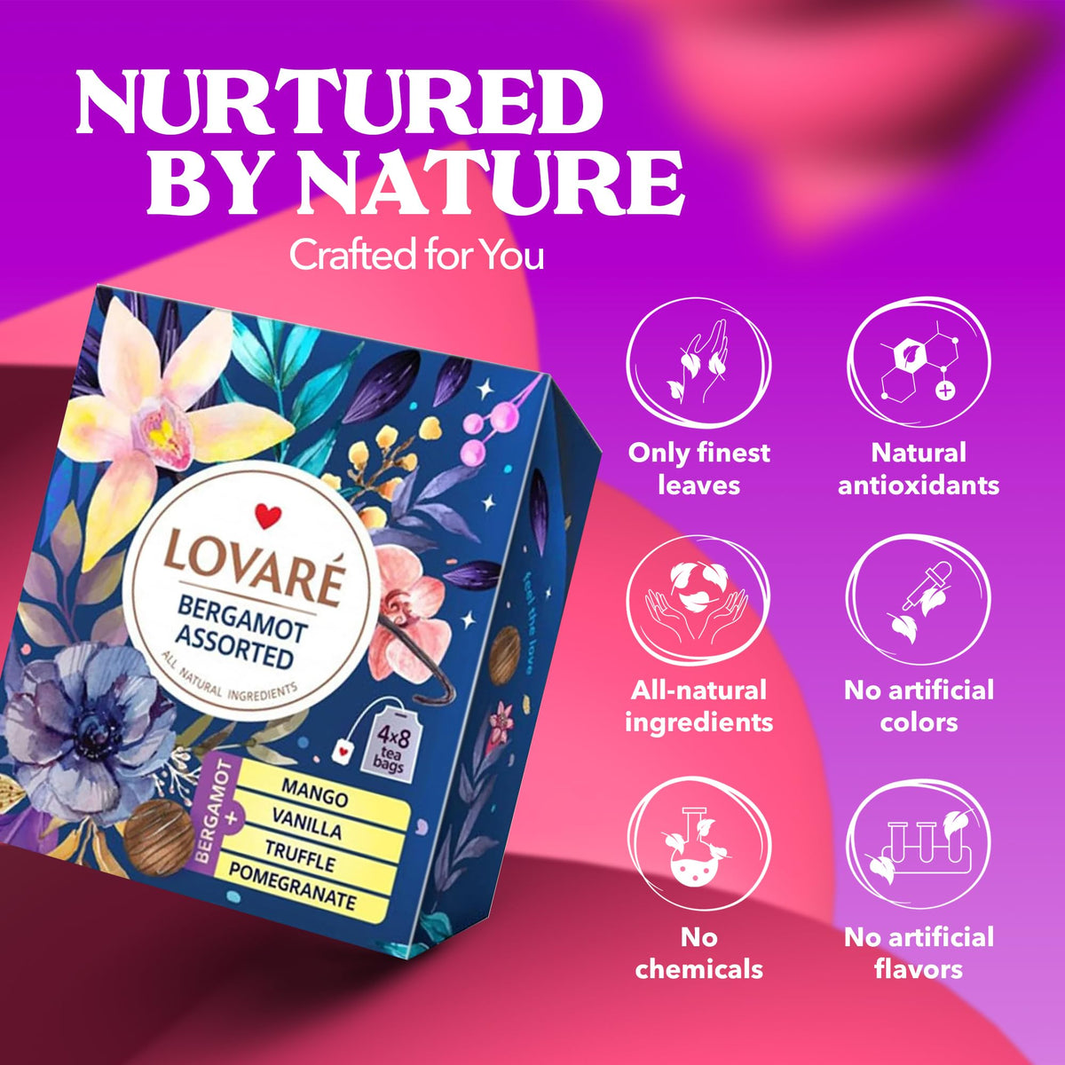 LOVARE tea bag close-up with flower petals indicating premium blends