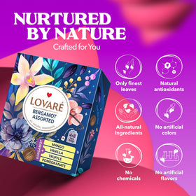 LOVARE tea bag close-up with flower petals indicating premium blends