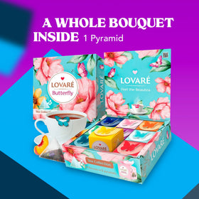 LOVARE tea pyramid bags feature butterfly thread for elegant presentation.