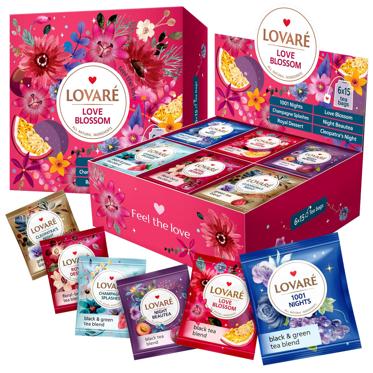 LOVARE Love Blossom tea set in gift box with six flavors, great for gifting or daily enjoyment.