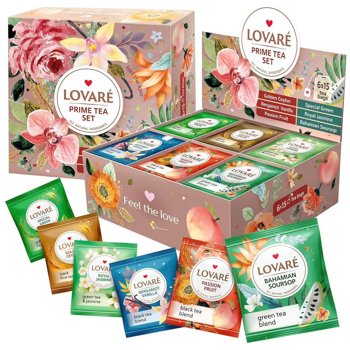 Lovare Golden Ceylon tea bags in a variety pack for everyday relaxation