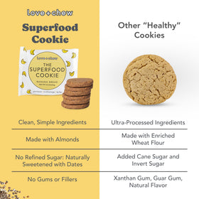 Love + Chew ingredients highlight almonds, almond butter, and chia for a plant-based bite.