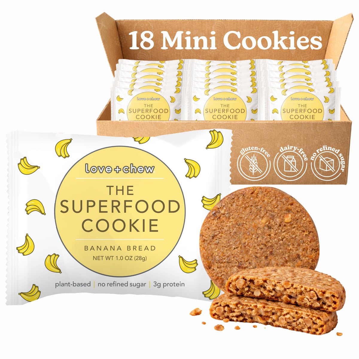 Love + Chew mini vegan cookies package front showing gluten-free branding for mindful snacking