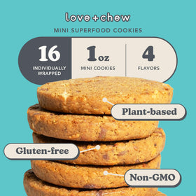 Love + Chew cookies in a wooden bowl, protein-forward treat for busy days