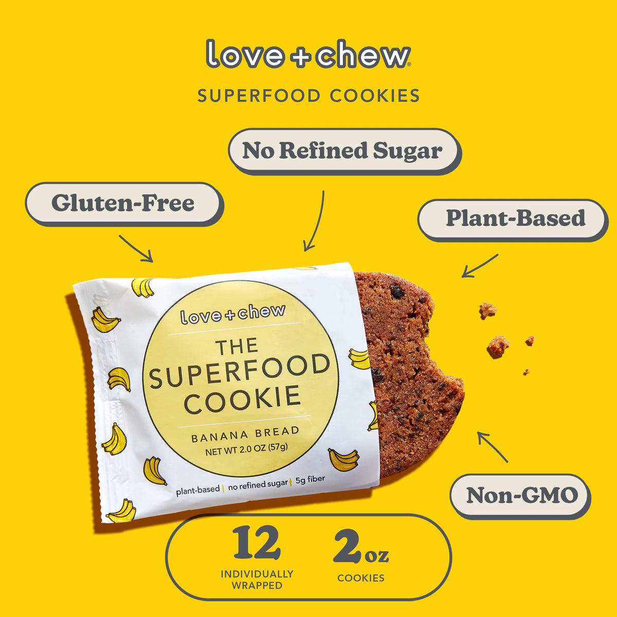Love + Chew cookie close-up showing chewy texture and 7g protein per serving.