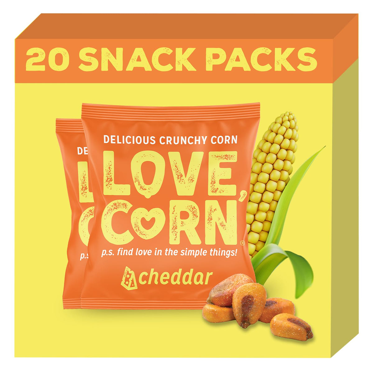 Love Corn Cheddar close-up showing the crisp bag texture and savory crunch.