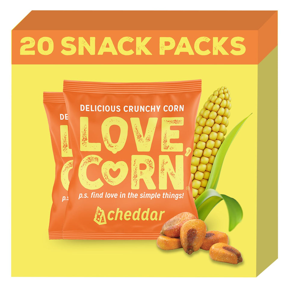 Love Corn Cheddar close-up showing the crisp bag texture and savory crunch.