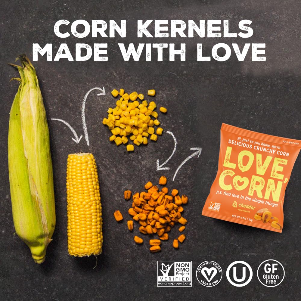 Love Corn Cheddar ingredients scene with whole corn kernels and seasonings.