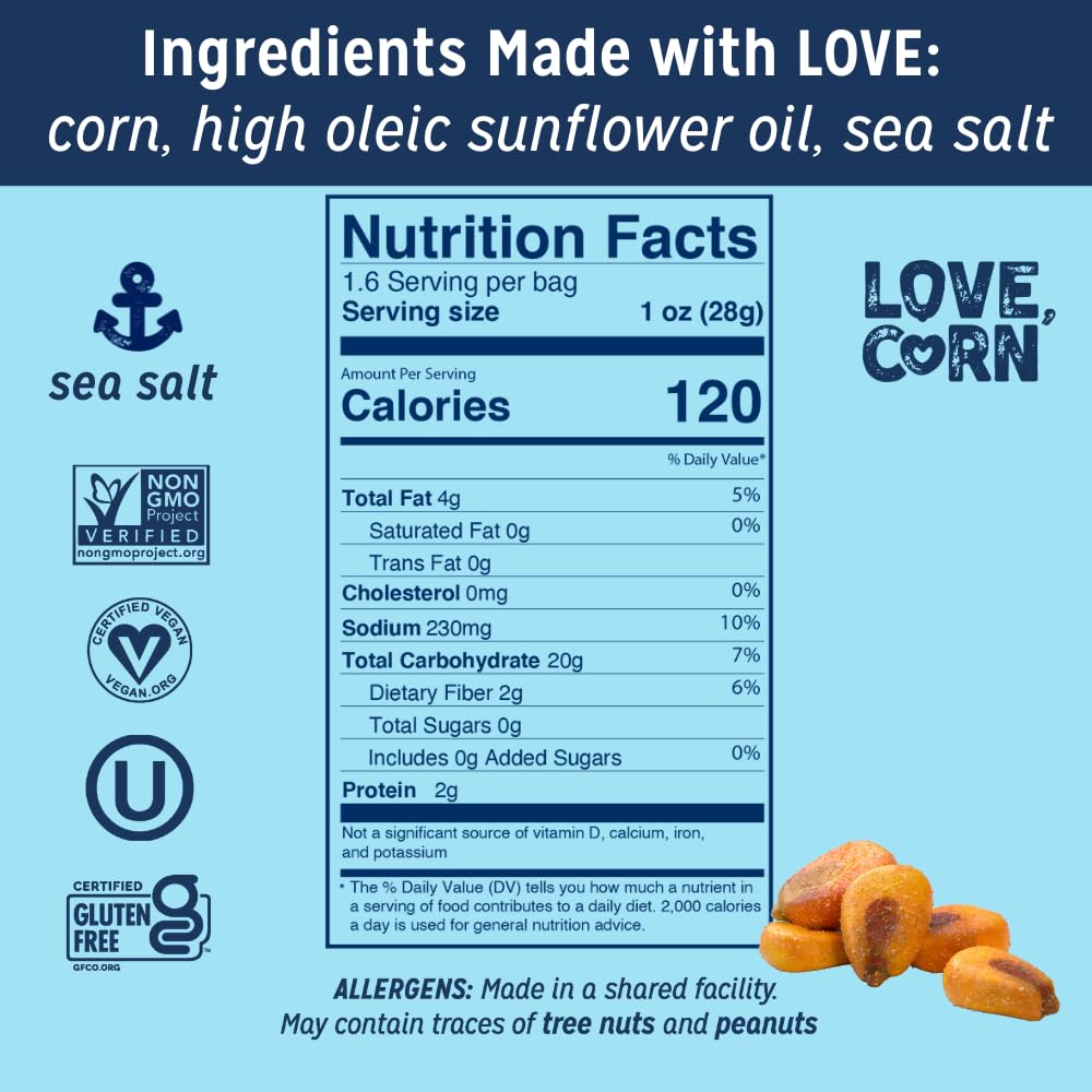 Love Corn crunchy corn texture closeup highlights light, satisfying bite for on-the-go snacking.