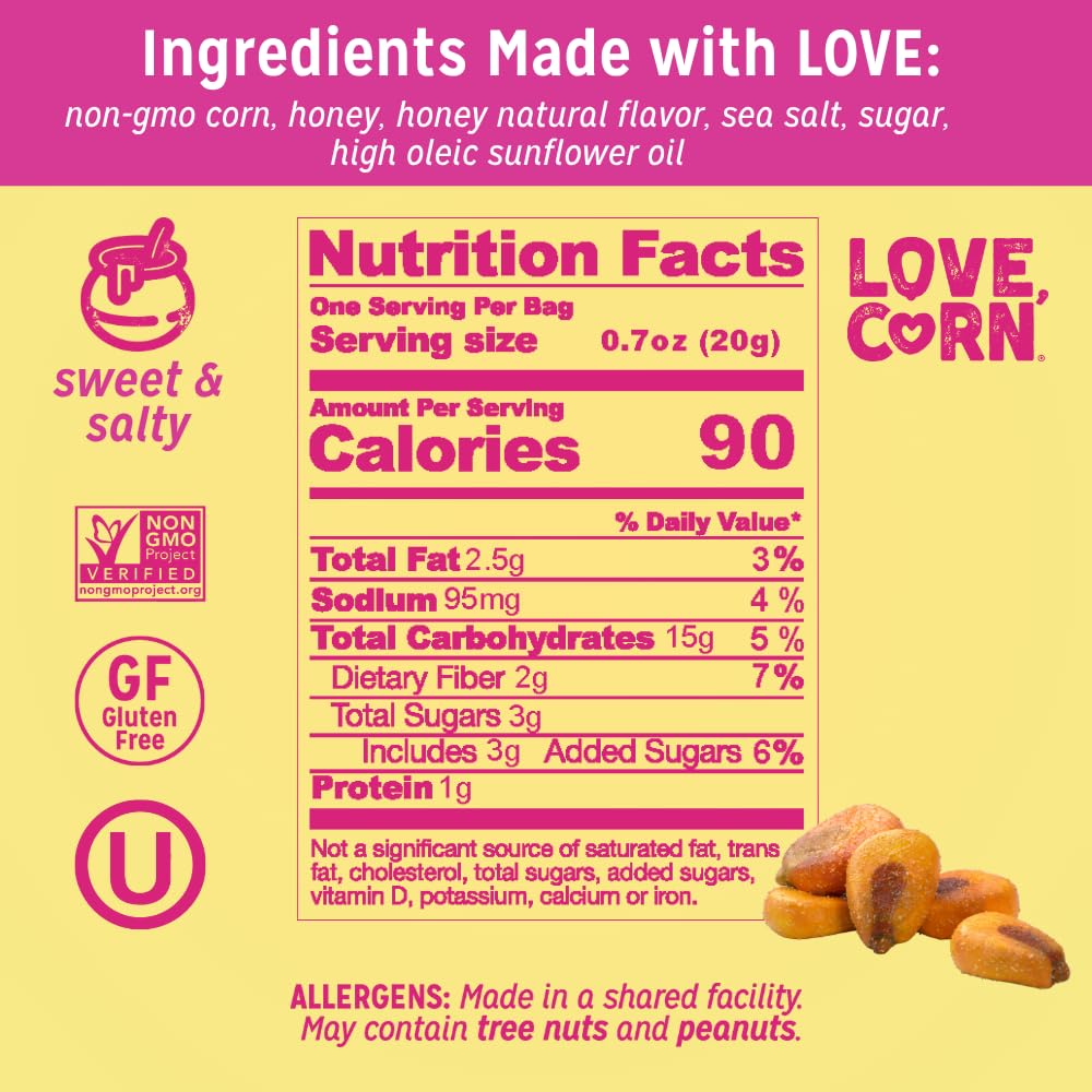 Love Corn family-size pack, 20 bags, convenient for shared snacking.