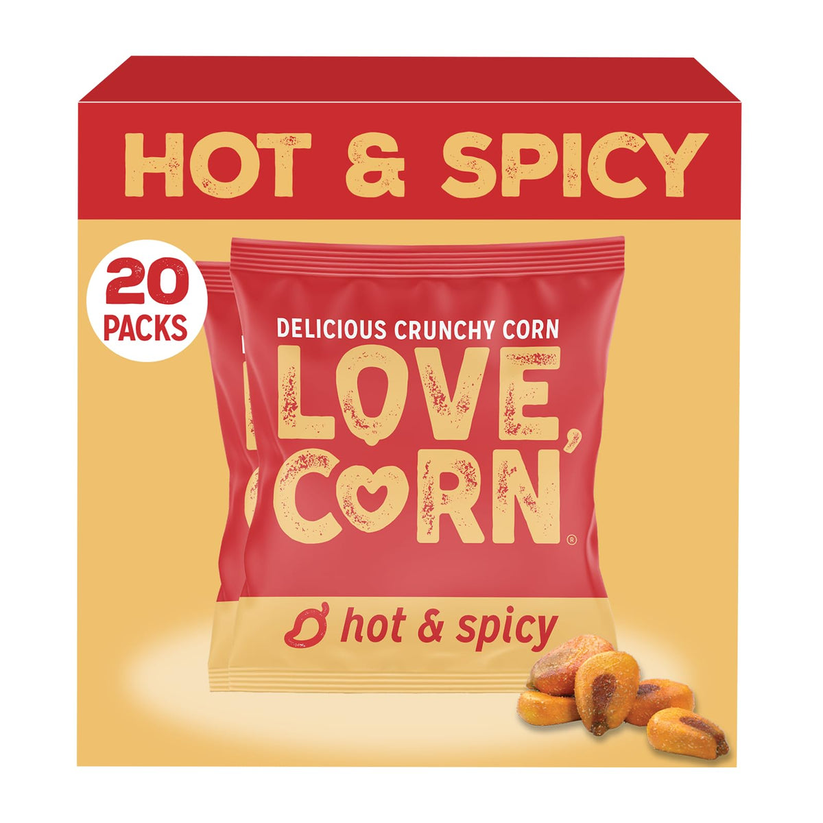 Love Corn Hot Spicy front view shows bold crunch for snack time.