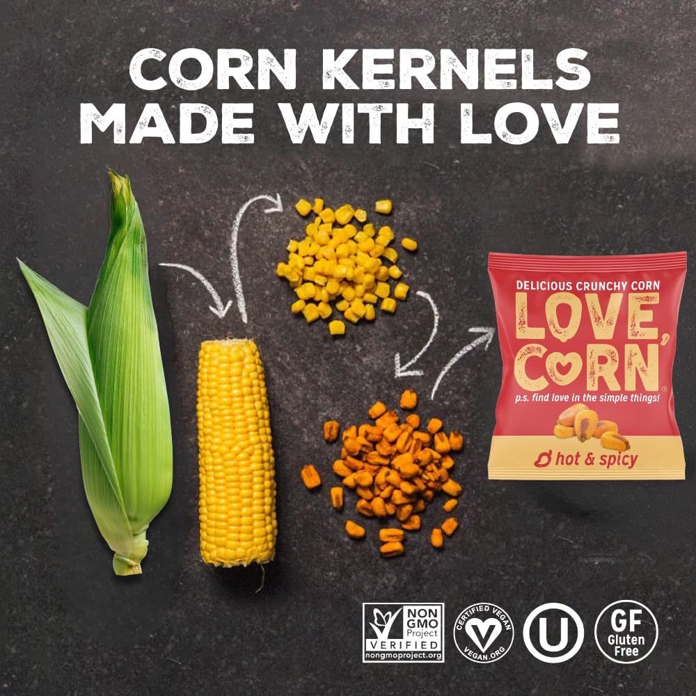Love Corn Hot Spicy texture close-up highlights crisp kernels and savory seasoning.