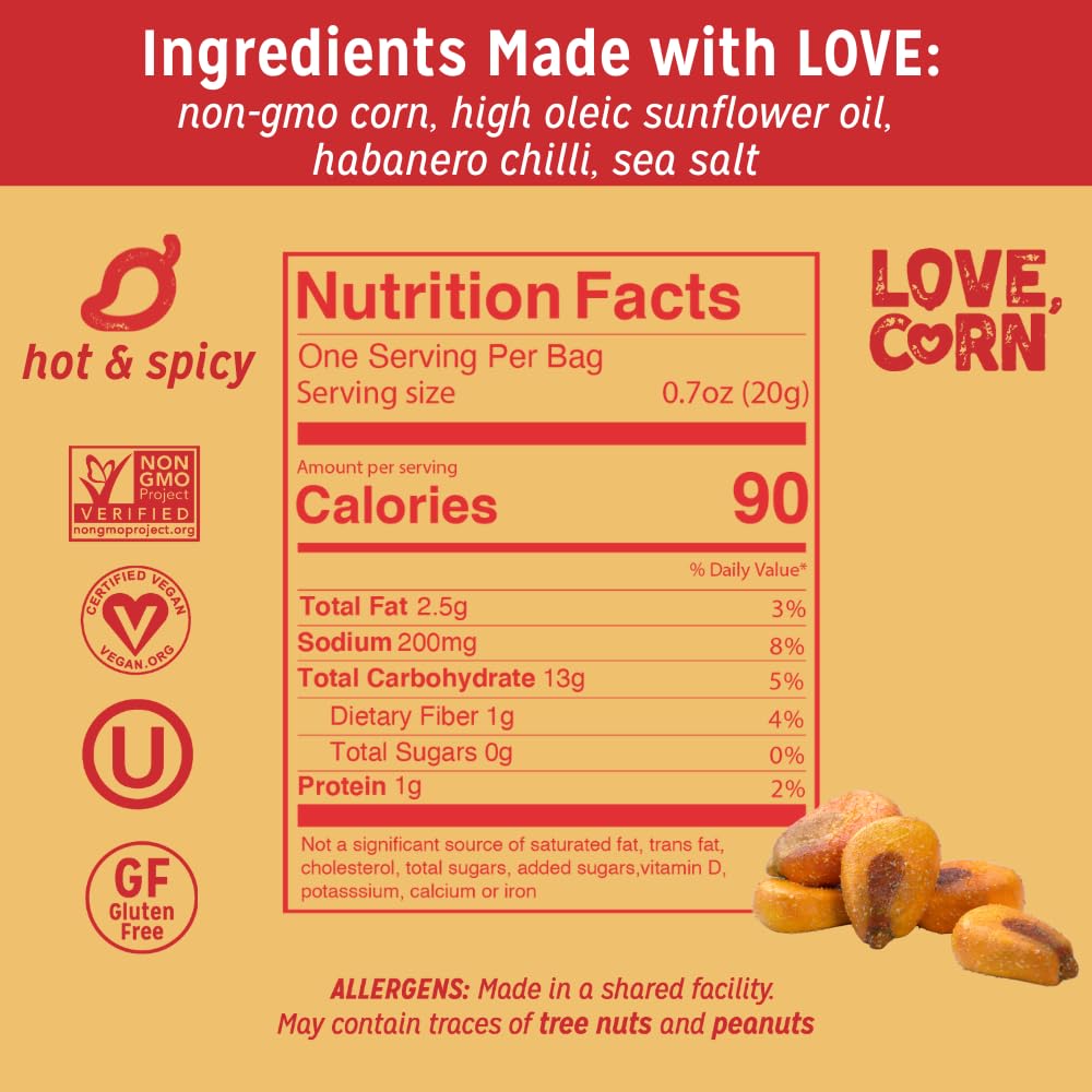 Love Corn Hot Spicy ingredients shown suggest simple, clean snack choice.
