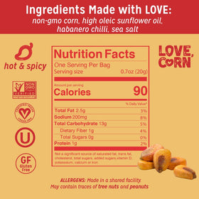 Love Corn Hot Spicy ingredients shown suggest simple, clean snack choice.