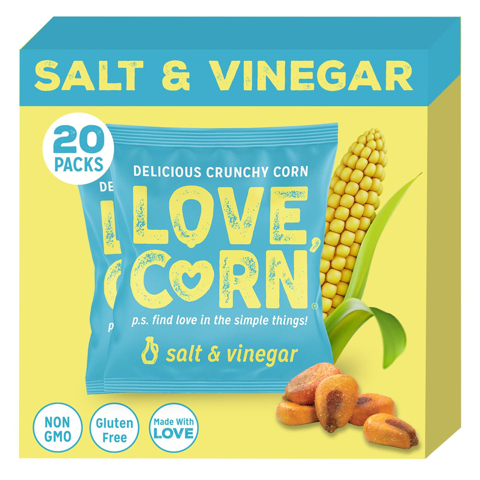Love Corn Salt & Vinegar bag front view, convenient gluten-free vegan snack.