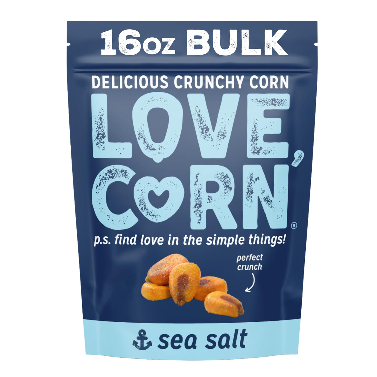 Love Corn Sea Salt 16oz bag offering a gluten-free, crunchy snack option.