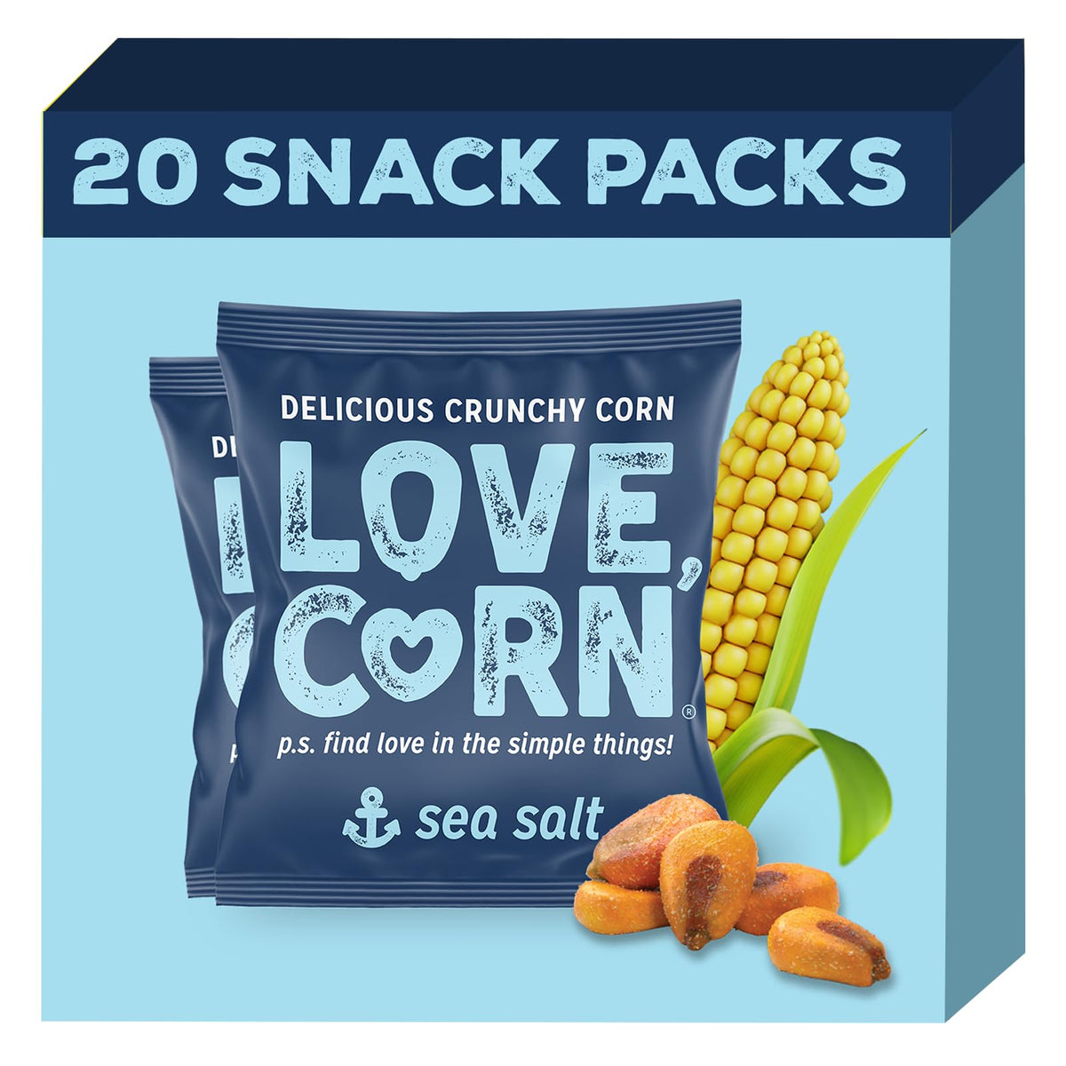 Love Corn Sea Salt crunchy roasted corn snack in hero image, a satisfying gluten-free option.