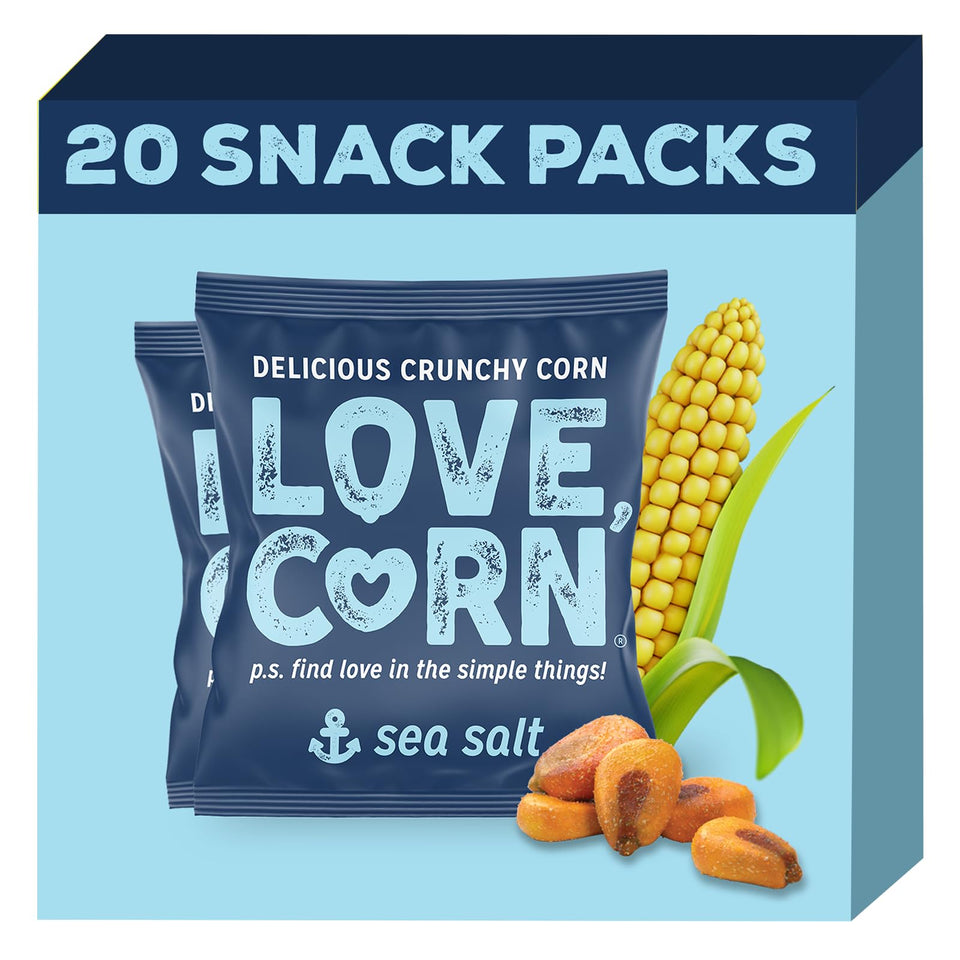 Love Corn Sea Salt crunchy roasted corn snack in hero image, a satisfying gluten-free option.