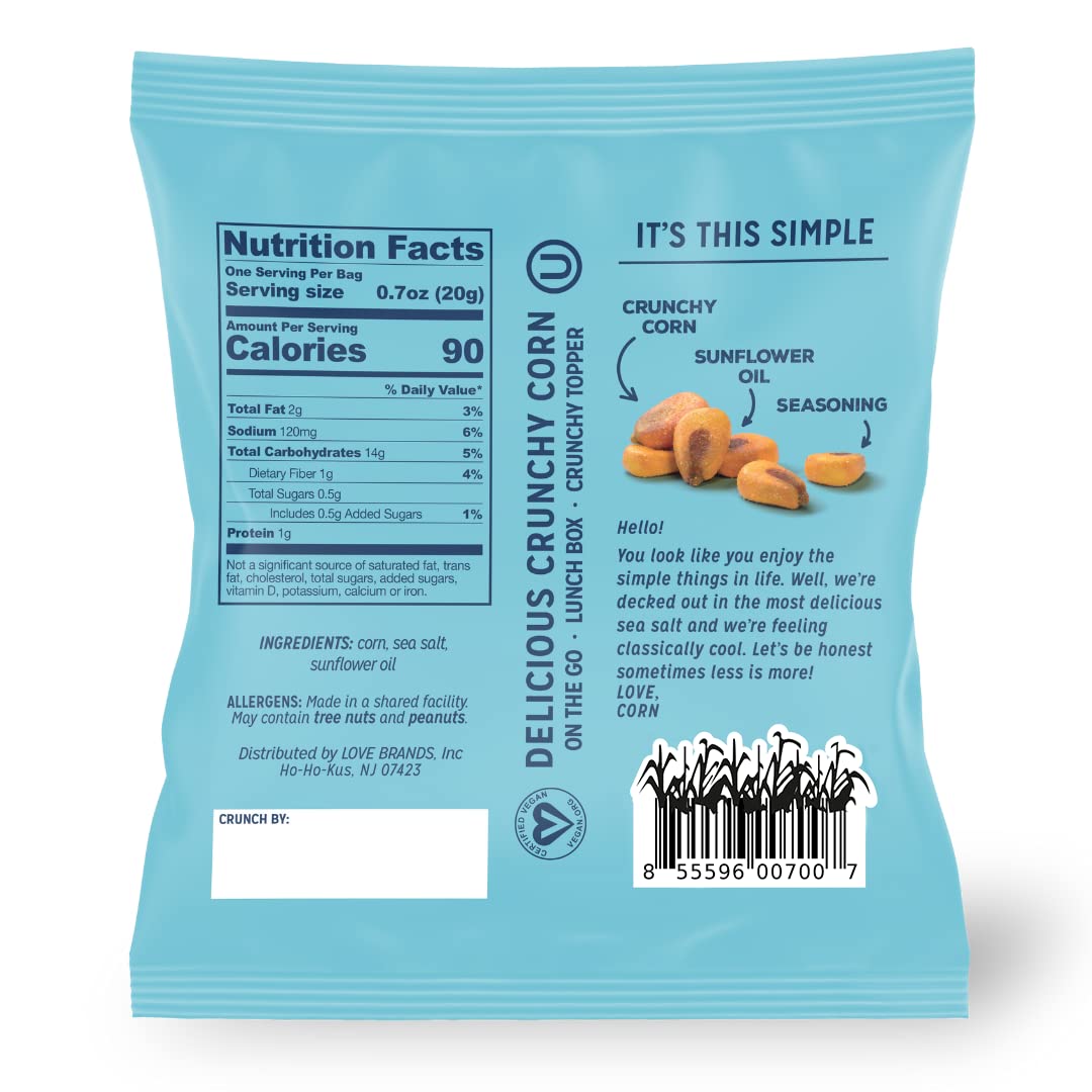 Love Corn Sea Salt ingredients view, simple three-ingredient profile for clean snacking.