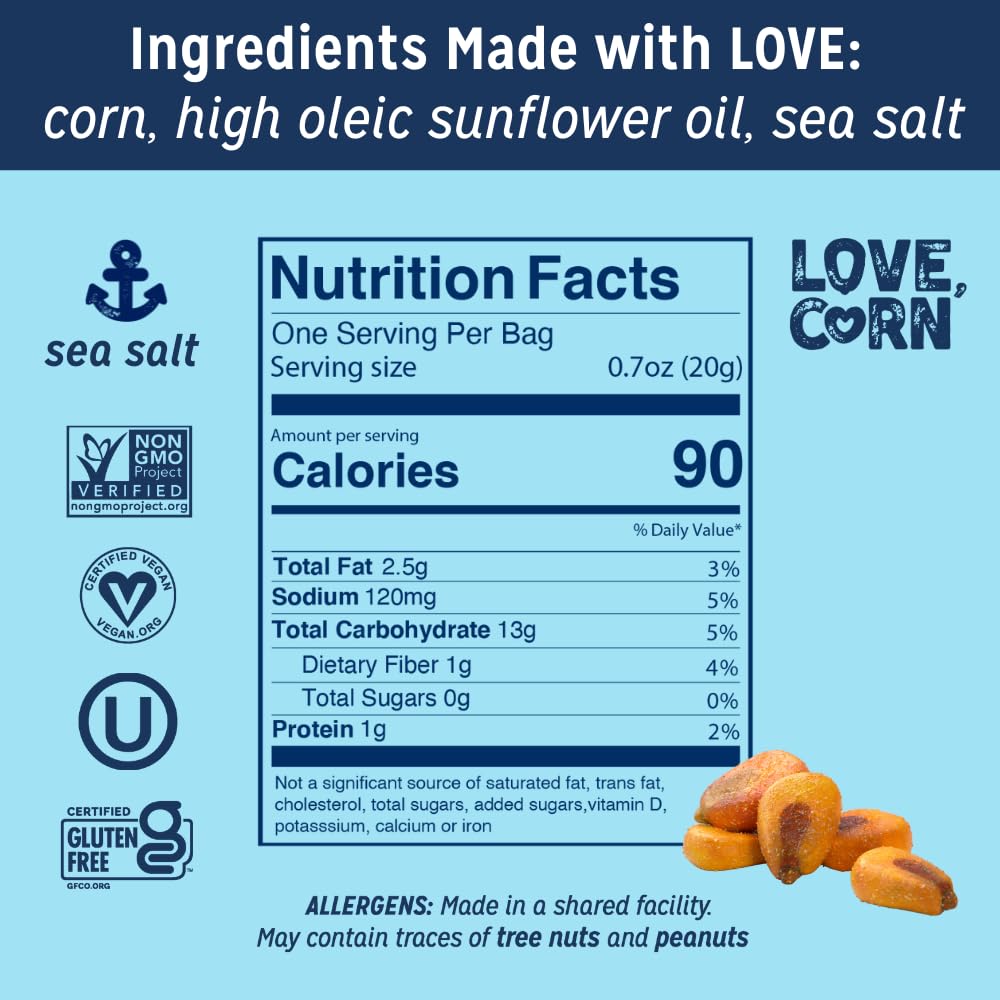 Love Corn Sea Salt snack bag closeup, grab-and-go convenience for busy lunches.