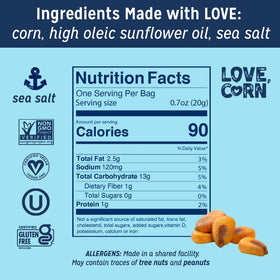 Love Corn Sea Salt snack bag closeup, grab-and-go convenience for busy lunches.