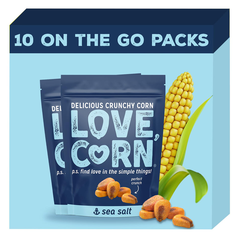 Love Corn Sea Salt bag front shows a crisp, savory snack perfect for lunchboxes.