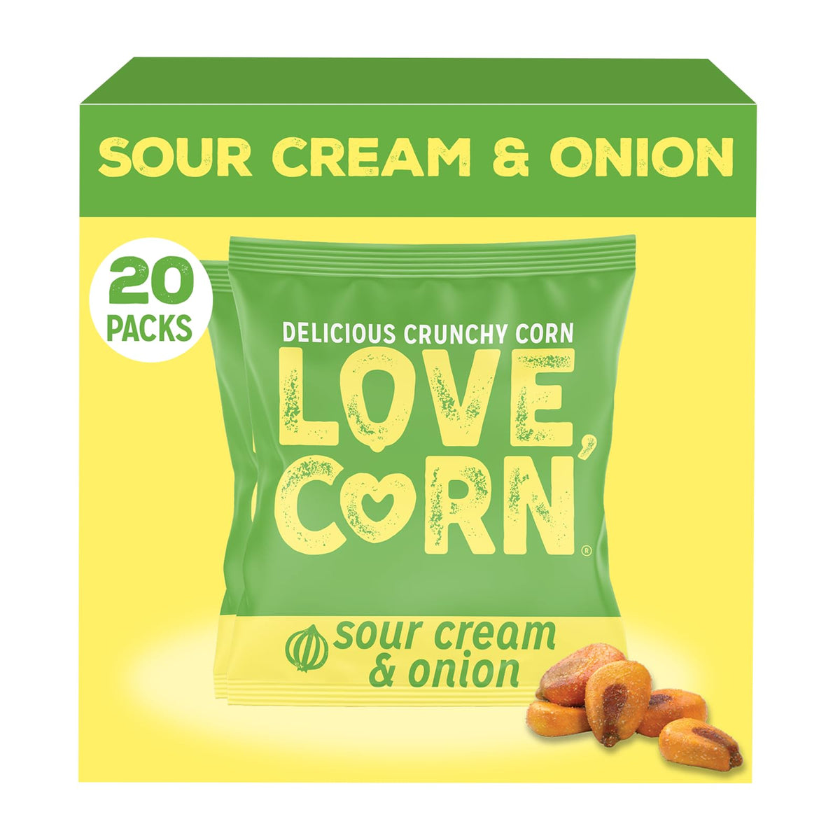 Love Corn Sour Cream & Onion crunch close-up, gluten-free snack appeal.