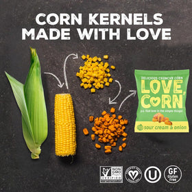 Love Corn Sour Cream & Onion pack-shot, showing vegan, simple-ingredient snack.