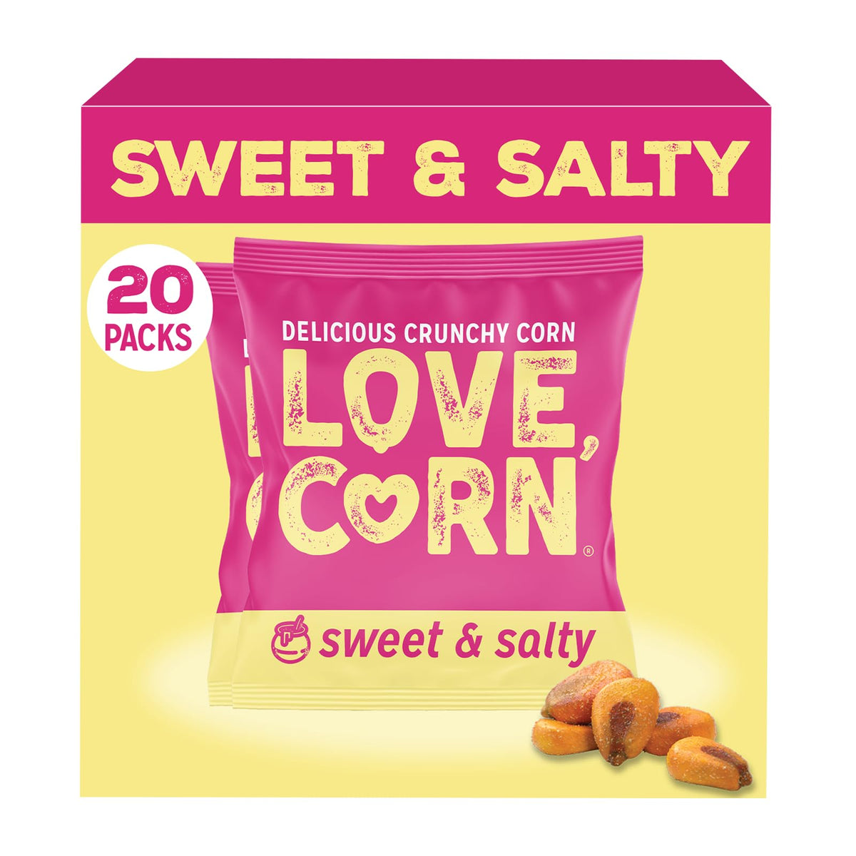 Love Corn Sweet & Salty crunch with real honey, ideal for lunchboxes.