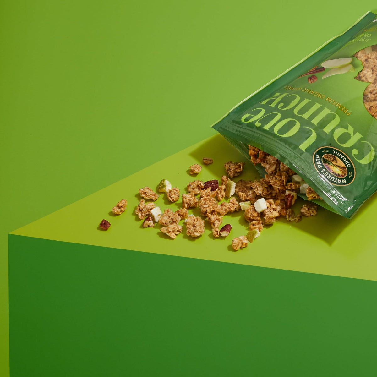 Love Crunch Apple Chia Crumble granola with cinnamon clusters and warmth.