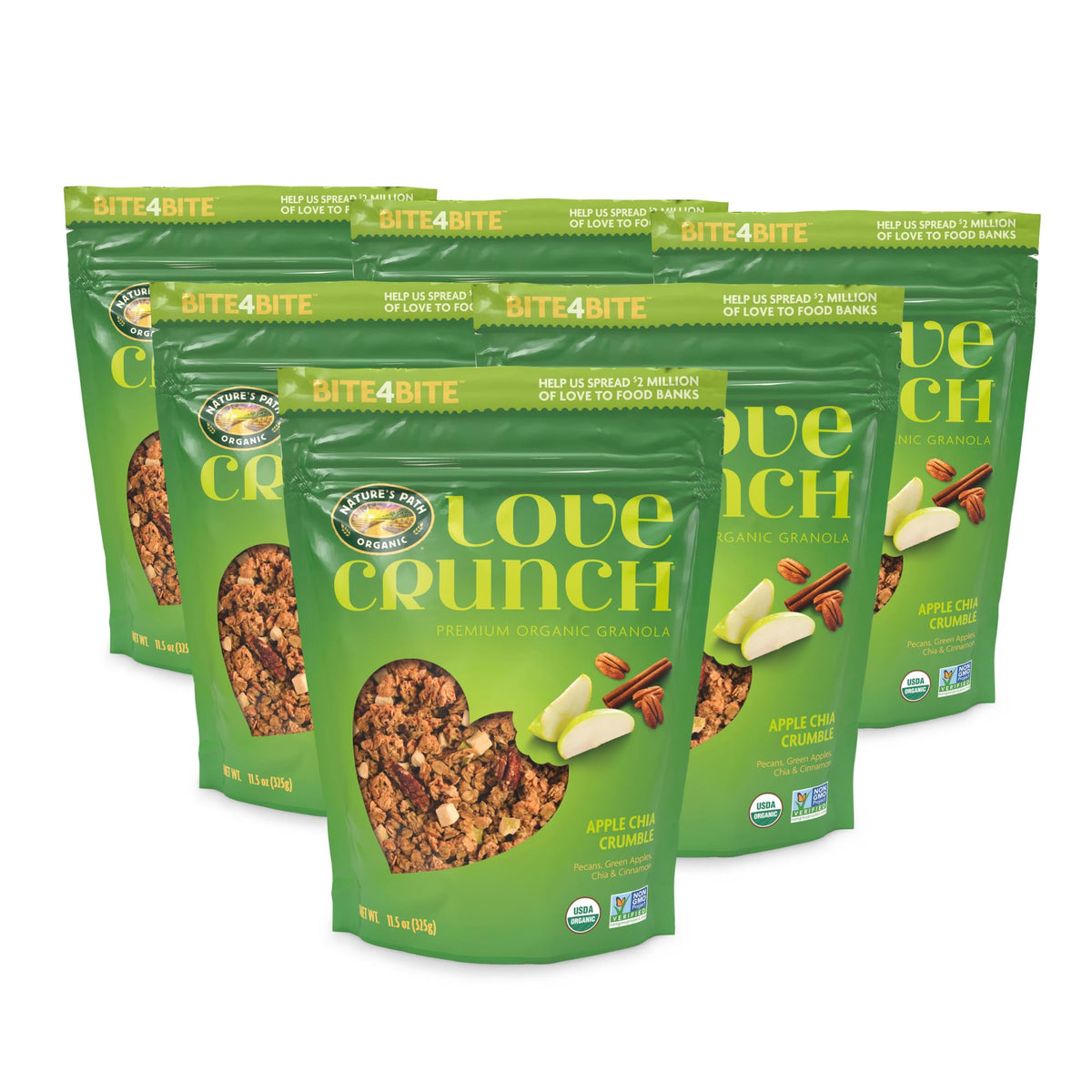 Love Crunch Apple Chia Crumble with tart green apple chunks for flavor.