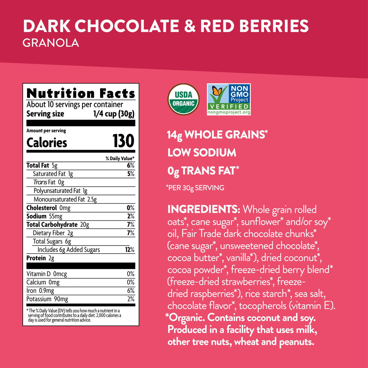 Love Crunch chocolate berry granola in milk bowl, appetizing breakfast idea.