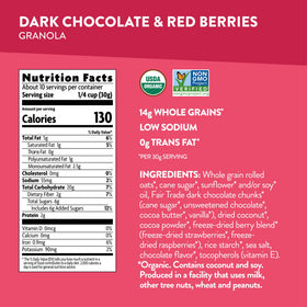 Love Crunch chocolate berry granola in milk bowl, appetizing breakfast idea.