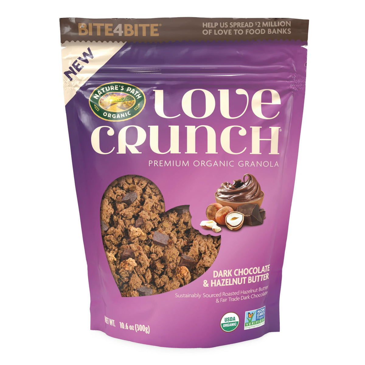 Love Crunch dark chocolate hazelnut granola pack with six convenient pouches.