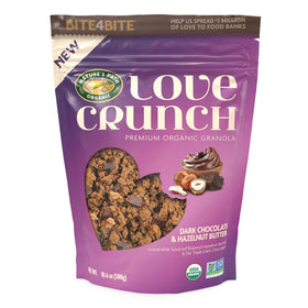 Love Crunch dark chocolate hazelnut granola pack with six convenient pouches.