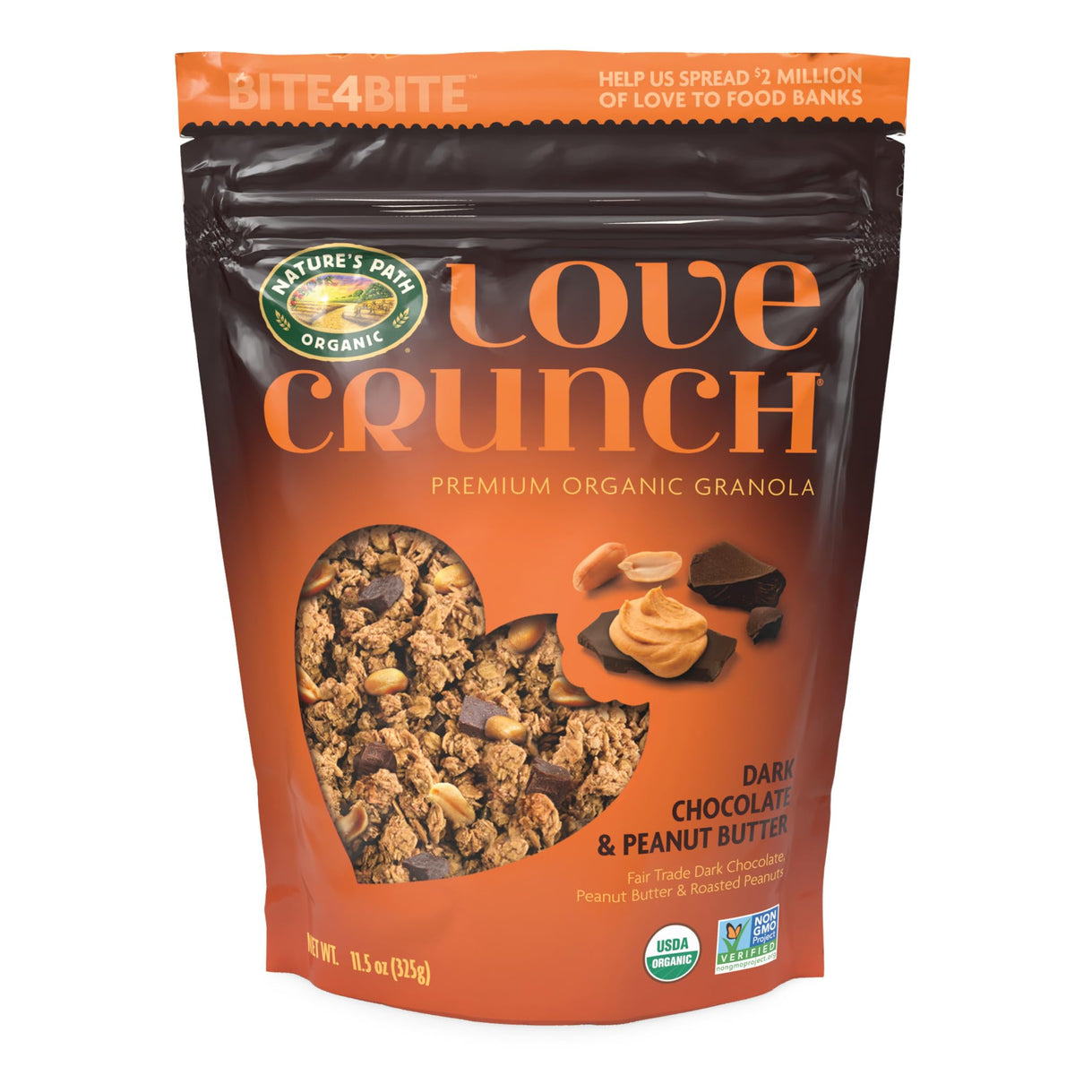 Love Crunch Dark Chocolate and Peanut Butter Granola pack with six pouches for quick, easy breakfasts.