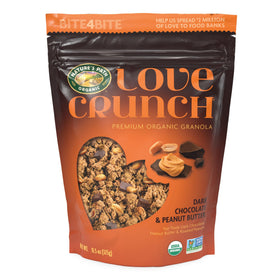 Love Crunch Dark Chocolate and Peanut Butter Granola pack with six pouches for quick, easy breakfasts.