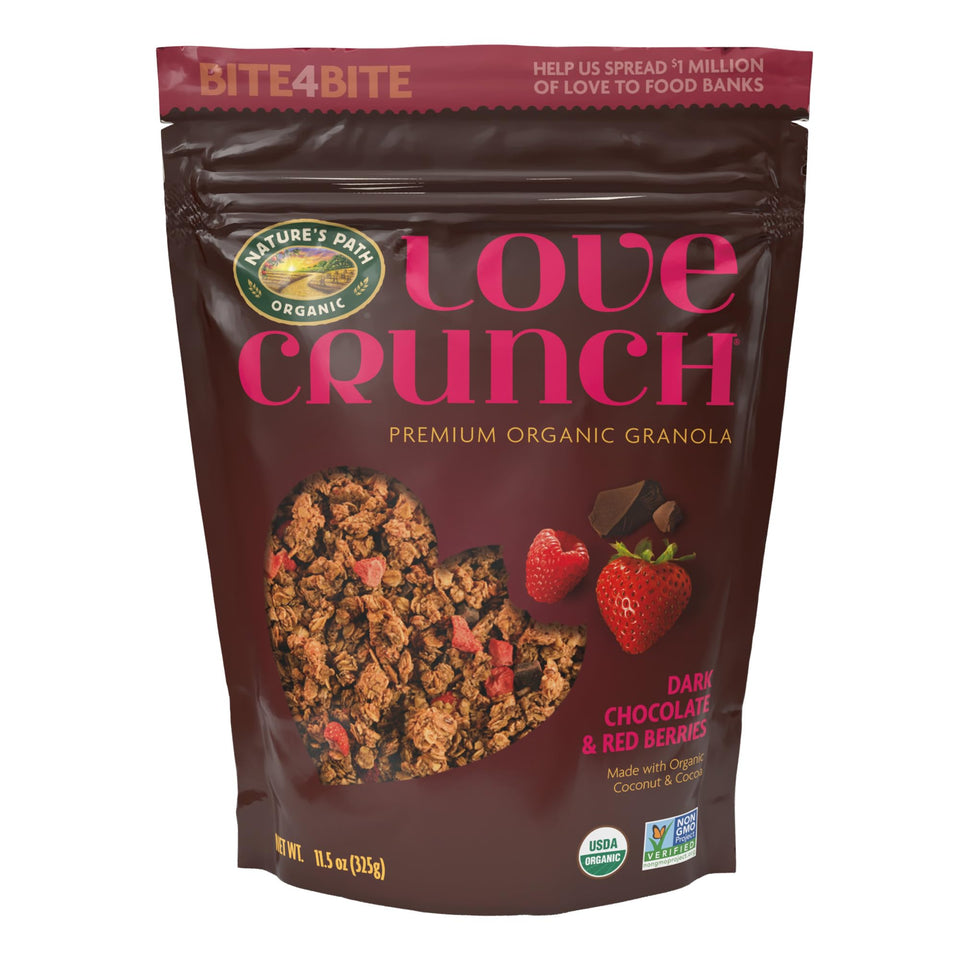 Love Crunch dark chocolate red berries granola 11.5 oz six-pack, front view, ready to enjoy.