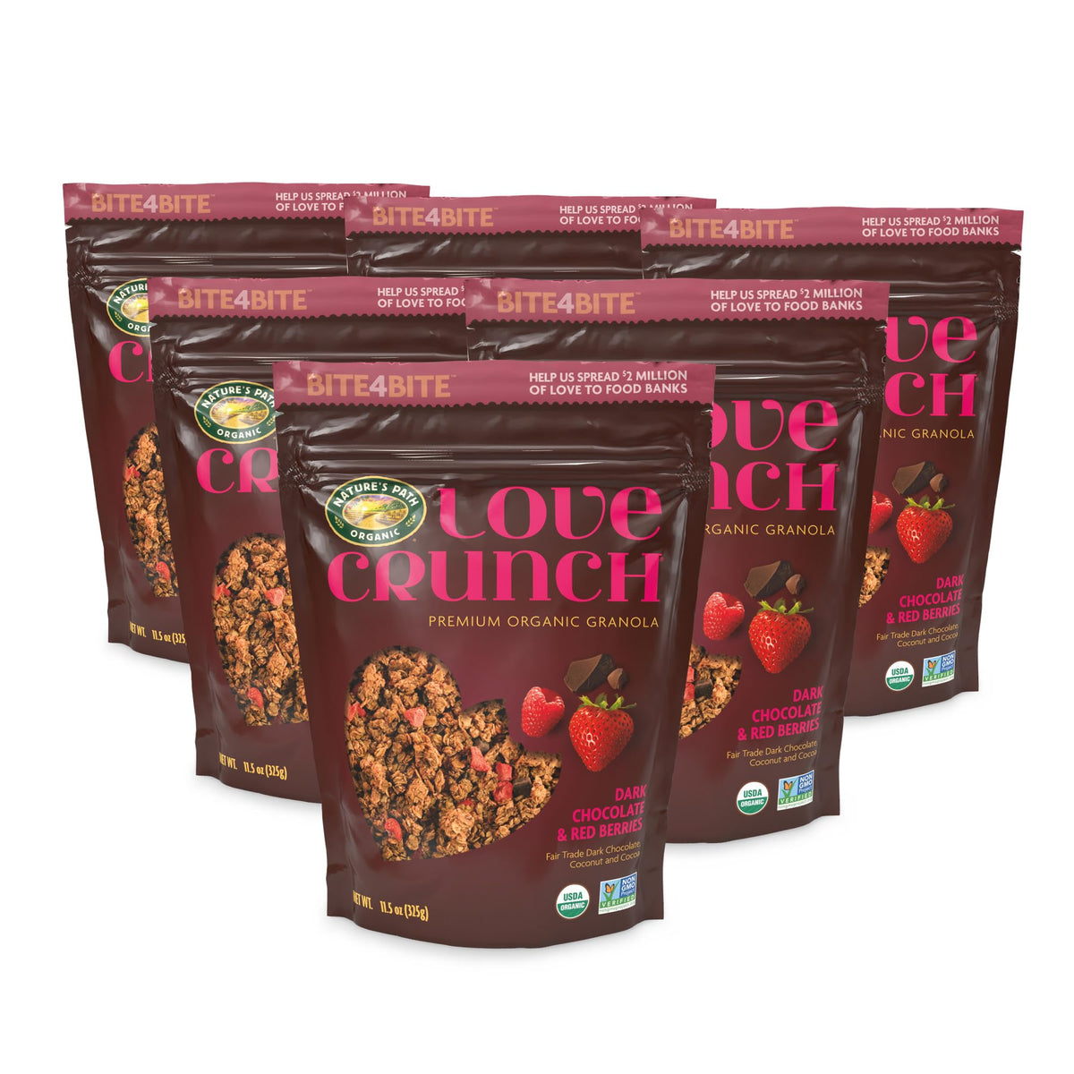 Close-up of Love Crunch granola clusters with real berries and chocolate.