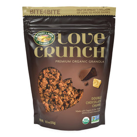 Love Crunch Double Chocolate Chunk Granola pouch 1 featuring rich chocolate chunks for a satisfying crunch.