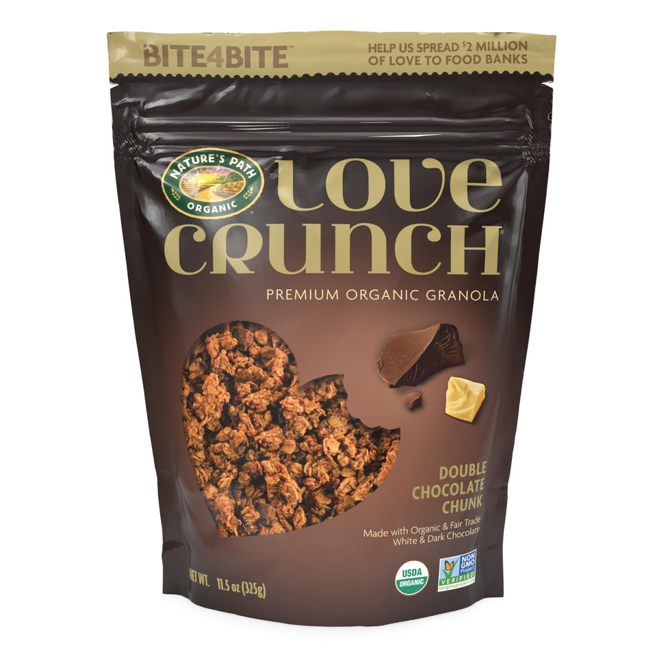 Love Crunch Double Chocolate Chunk Granola pouch 1 featuring rich chocolate chunks for a satisfying crunch.