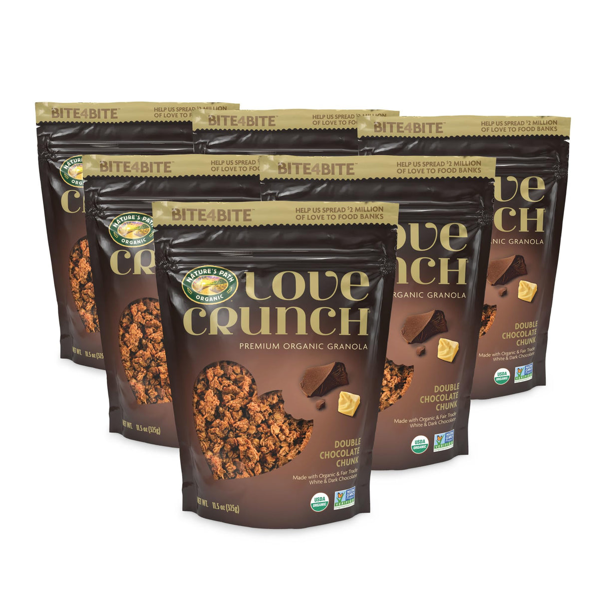 Love Crunch Double Chocolate Chunk Granola pouch 2 with crispy oats and sweet chocolate for snack-time joy.