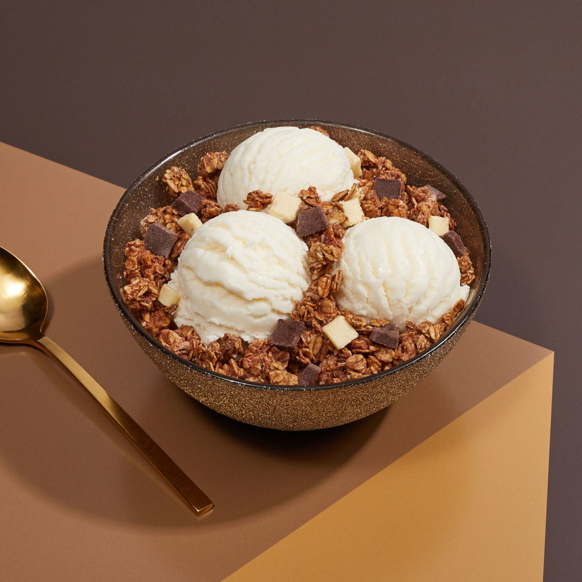 Love Crunch Double Chocolate Chunk Granola pouch 3 ideal with yogurt or milk for breakfast.