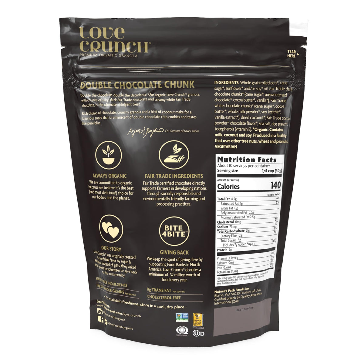 Love Crunch Double Chocolate Chunk Granola pouch 6 pairs well with fruit yogurt for a balanced meal.