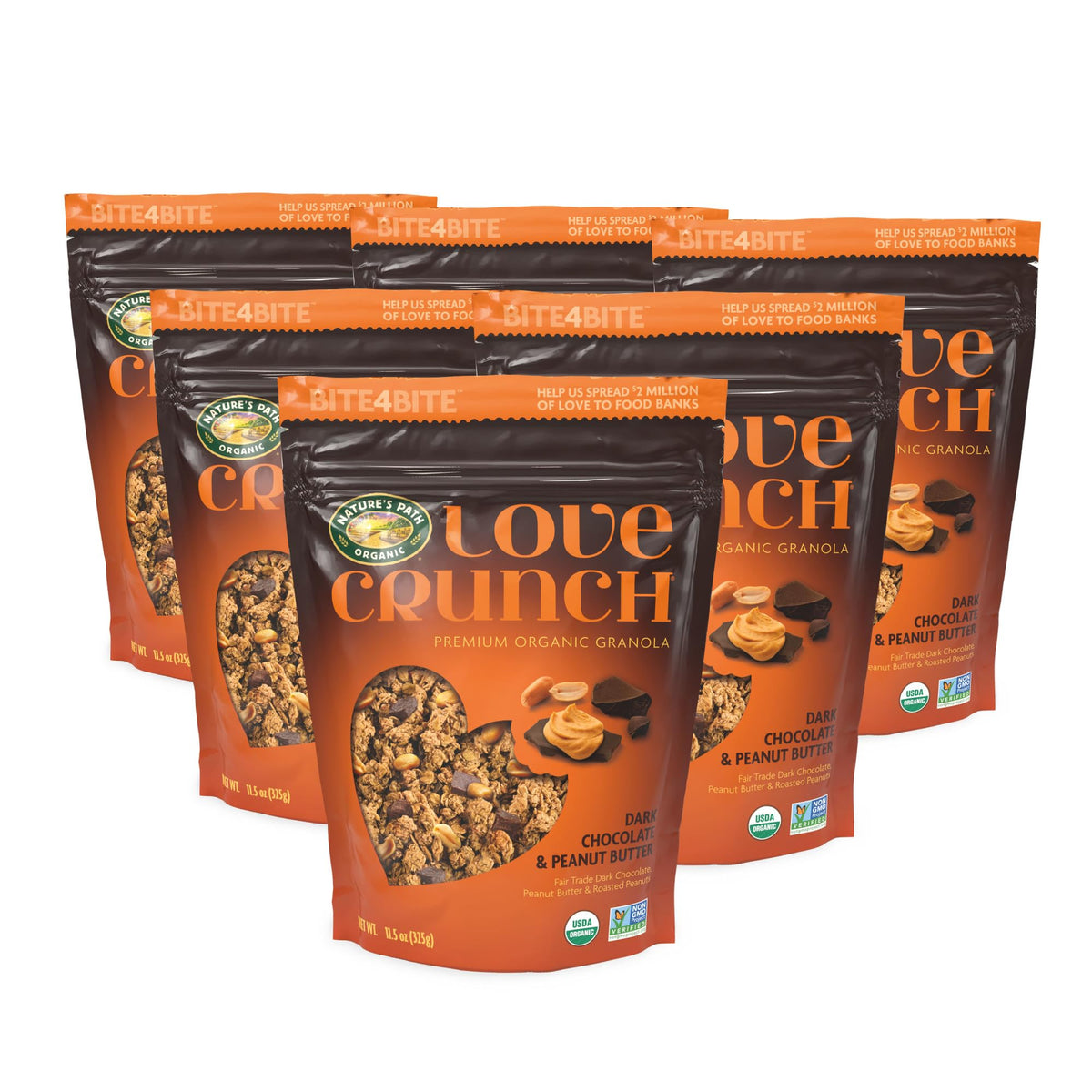Close-up of chocolate chunks and roasted peanuts in Love Crunch granola for indulgent crunch.