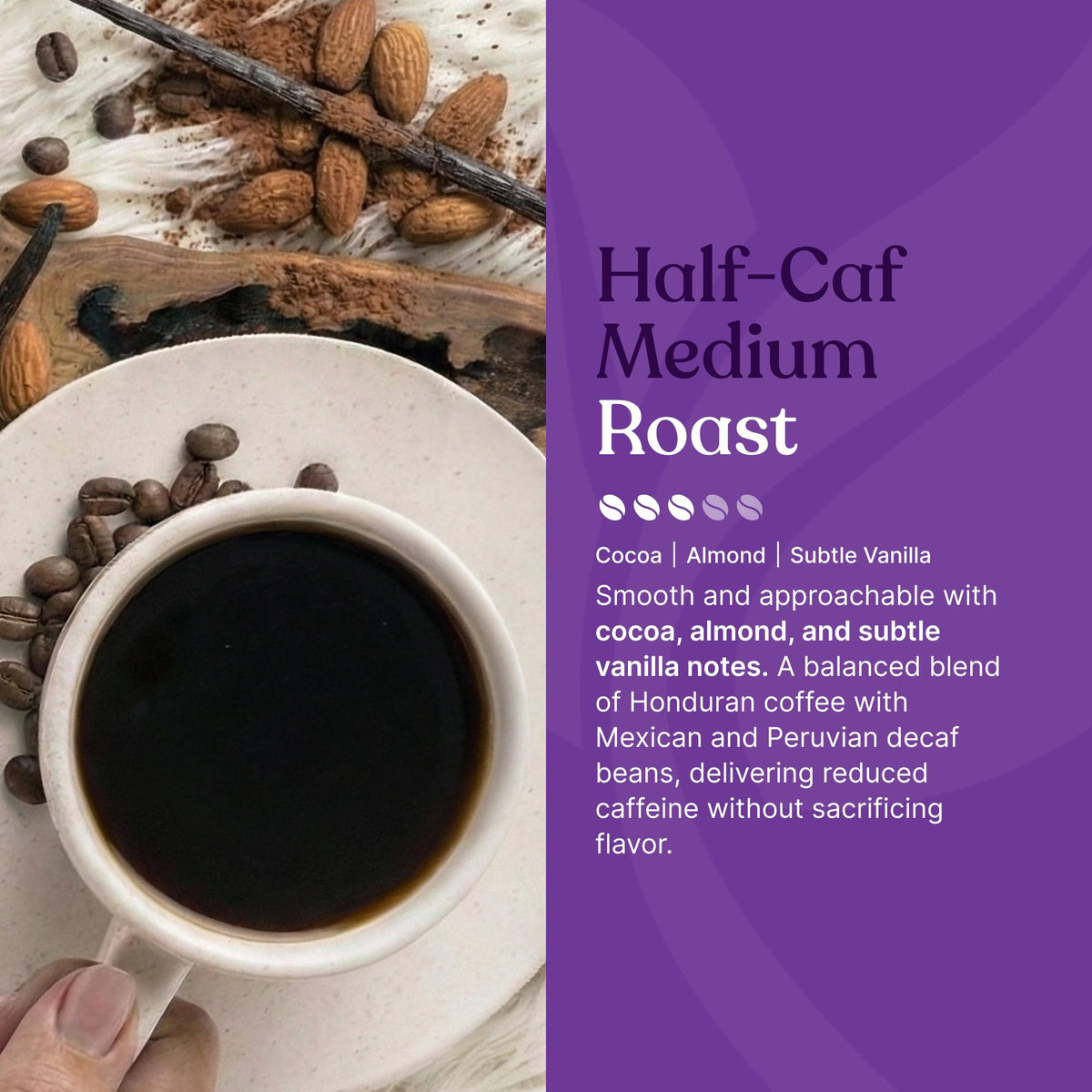 Love Grown half-caf morning cup highlighting cocoa and almond notes.
